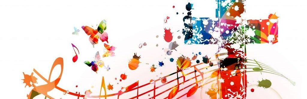 Buntes Bild mit einem Kreuz, bunten Schmetterlingen und Noten