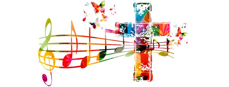 Buntes Bild mit einem Kreuz, bunten Schmetterlingen und Noten